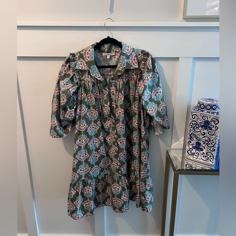 Karlie - Paris Floral Ruffle Dress in Olive